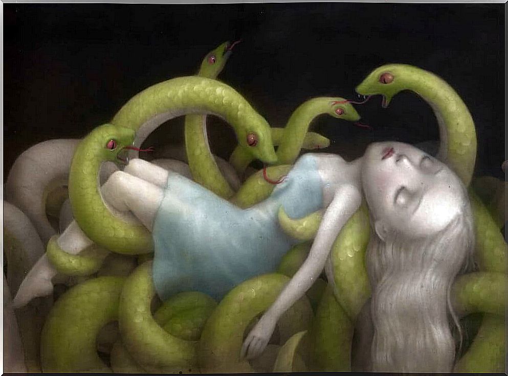 Girl among snakes