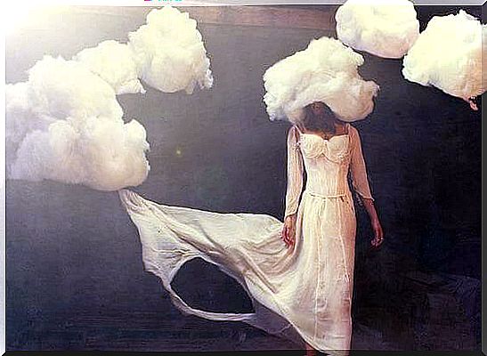 Woman with clouds on her head