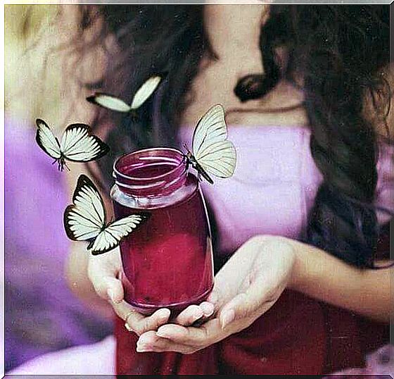 glass jar with butterflies