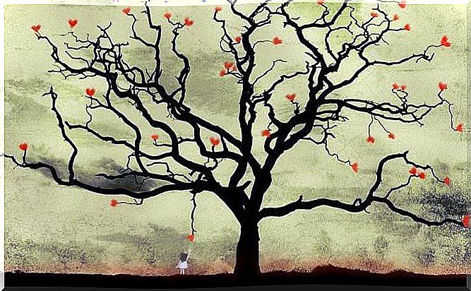 Girl picking hearts from a tree