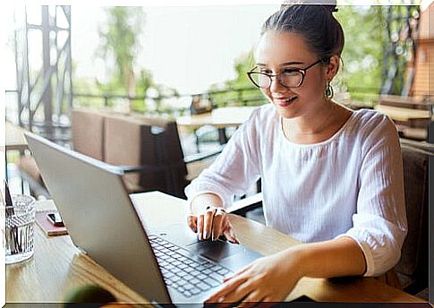 Girl working searched information about business to business